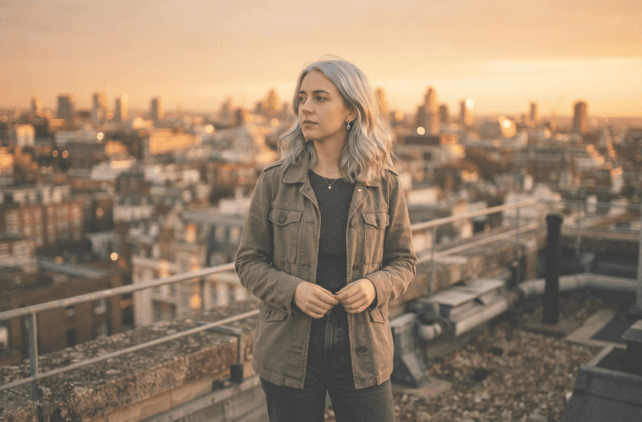 Aria standing on a rooftop at dusk, the first still