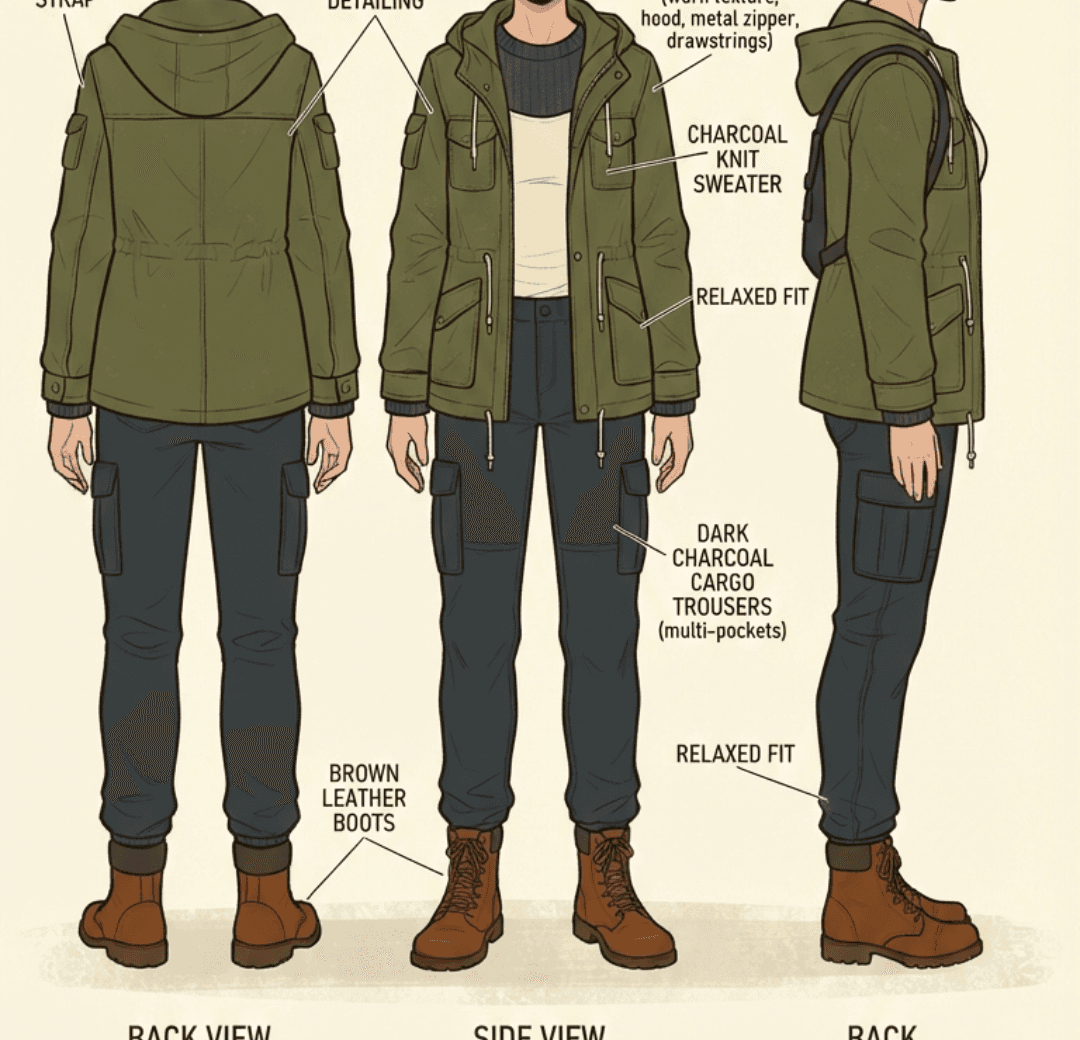 Character reference sheet with back, side and front views