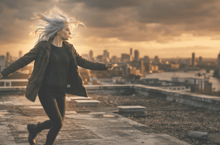 Aria running across the rooftop, a frame from the clip