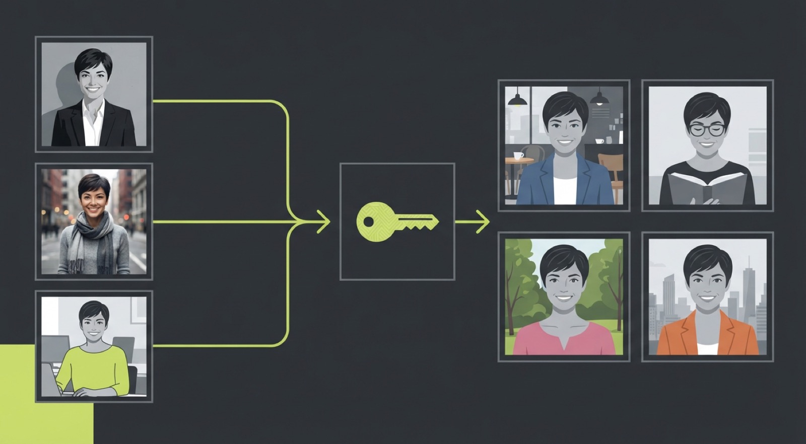 Fig. 1 — three references pinned to one key, and four shots made with it. The words carry the character; the setting changes per shot.